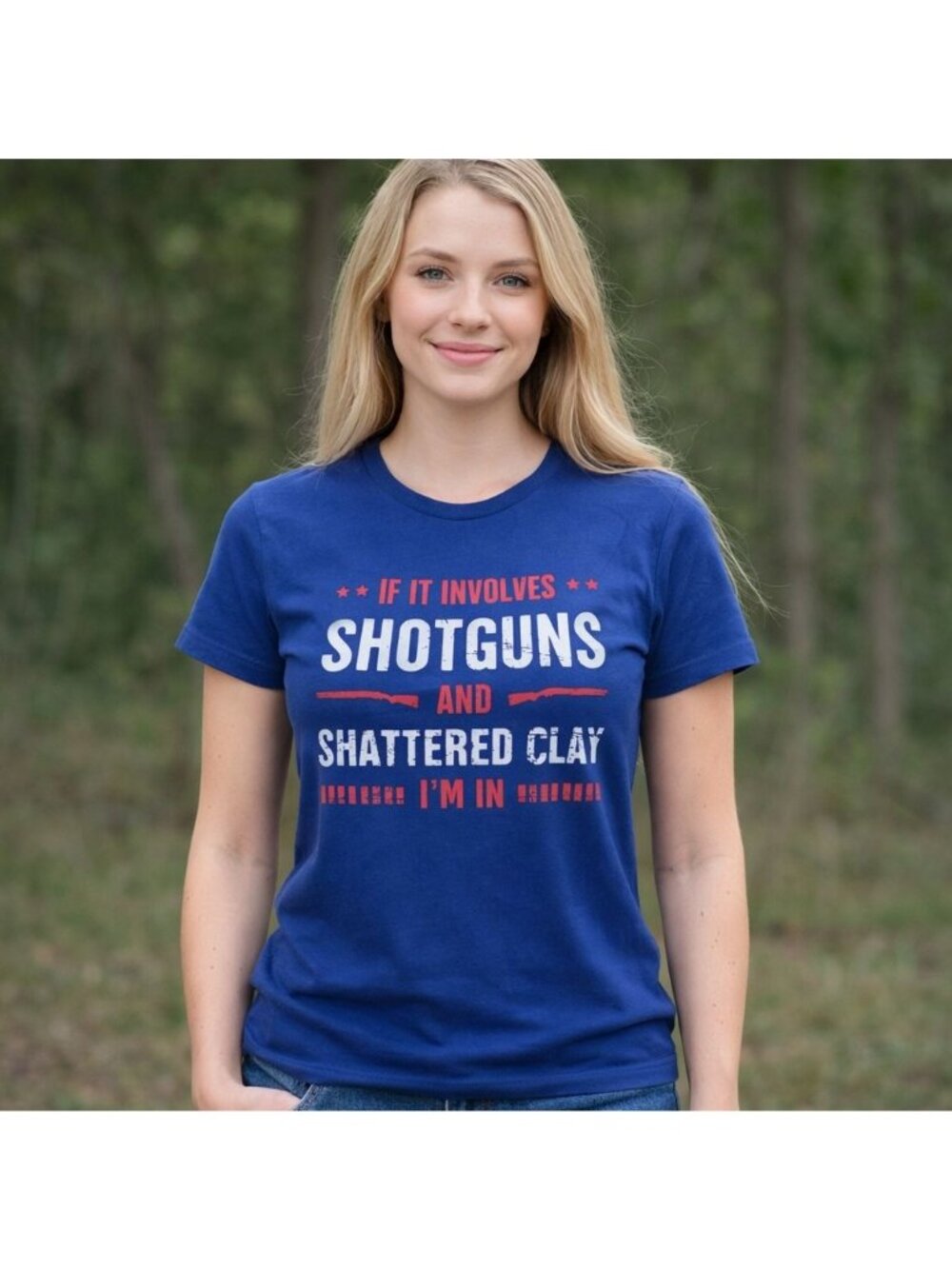 T Shirt If It Involves Shotguns & Shattered Clay Womens M Graphic Tee Blue Mediu